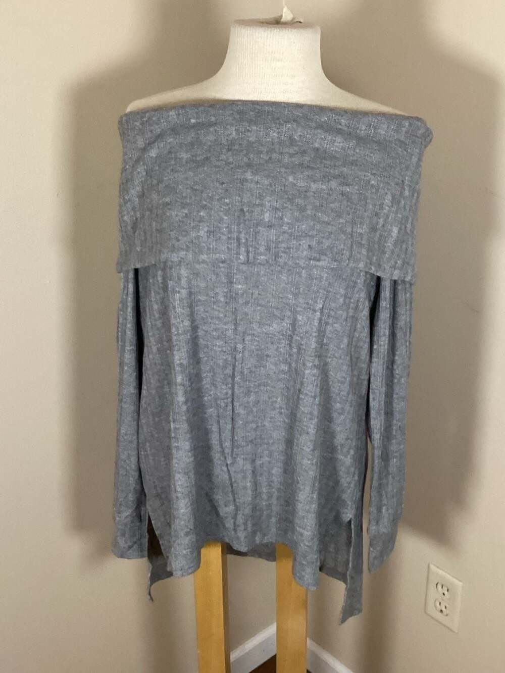 Loveappella Off The Shoulder Ribbed Long Sleeve Top Heather Gray Size Large NWT